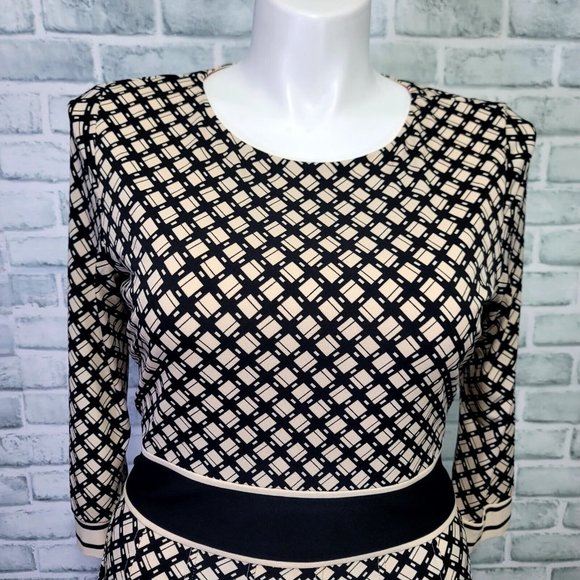 Eliza J Womens 12 Cream Black Geometric Pleated Skirt 3/4 Sleeve Fit Flare Dress - Picture 2 of 11